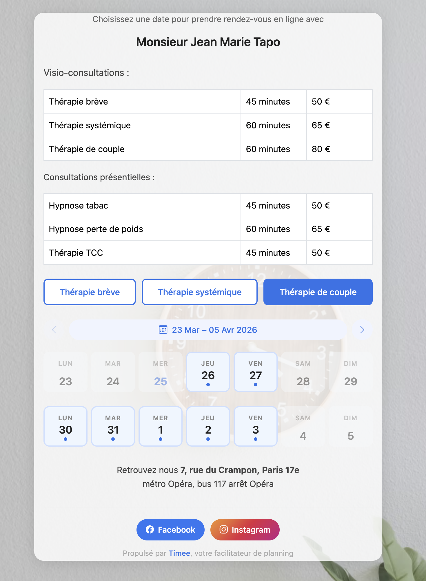 Page de prise de rendez-vous